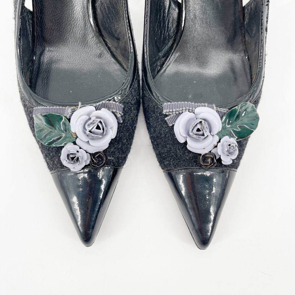 Miu Miu Vintage Wool Patent Cap Toe Floral Appliqué Slingback Heels IT 38 - Picture 6 of 13